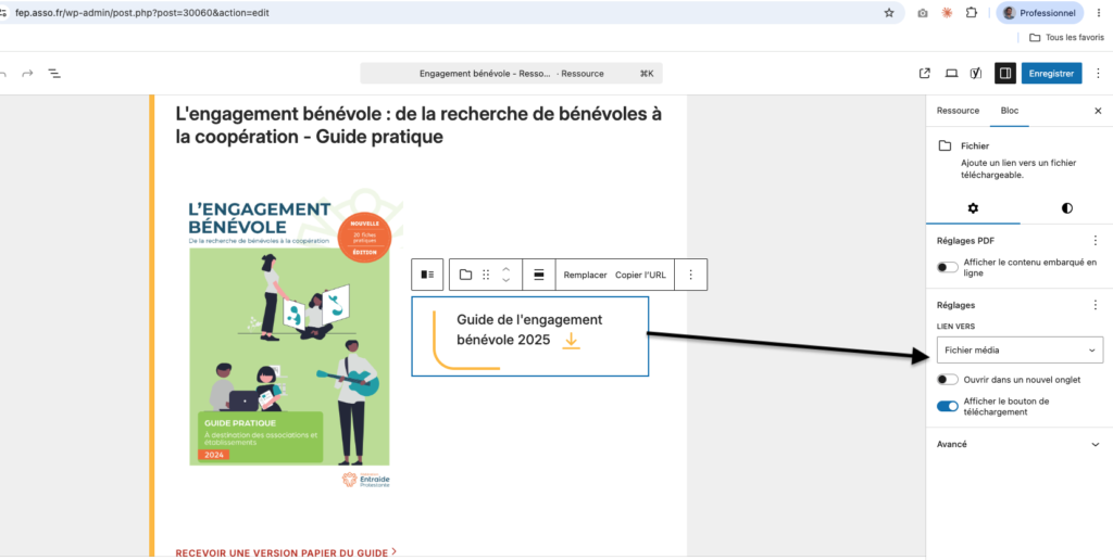 Capture d'écran de l'éditeur WordPress montrant le panneau latéral du bloc Fichier, avec le réglage « Ouvrir dans un nouvel onglet » mis en évidence par une flèche.