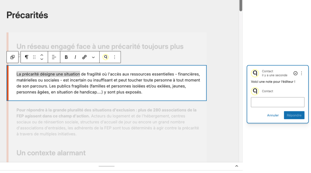 Capture d'écran : comment ajouter une note éditoriale dans WordPress 6.9 - étape 2