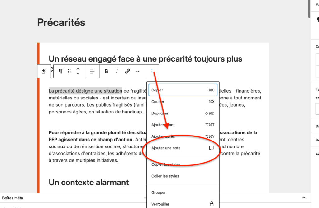 Capture d'écran : comment ajouter une note éditoriale dans WordPress 6.9 - étape 1
